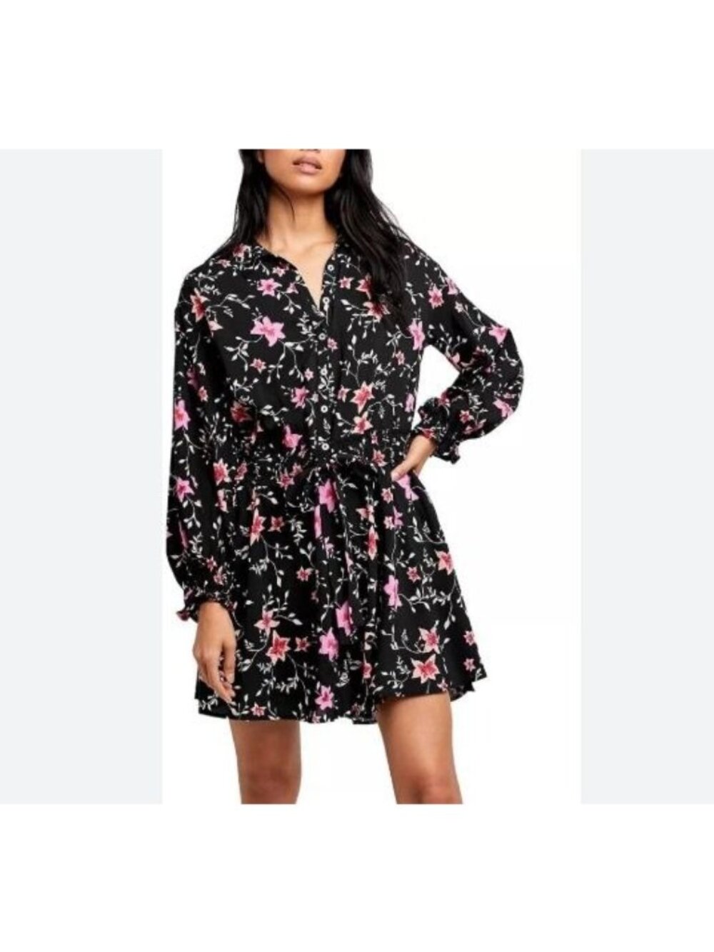 Free People Lighten Up Mini Small Floral Black Pink Shirt Dress Flounce Boho